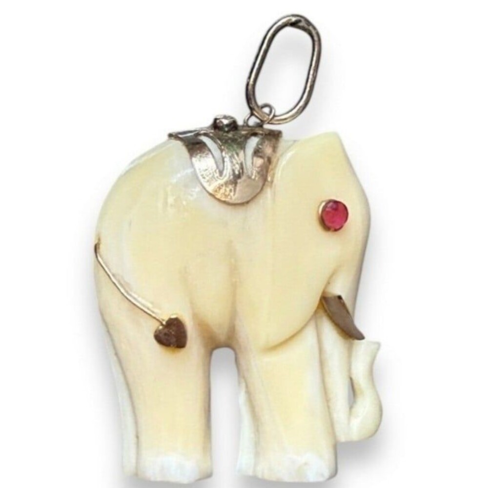 Vintage 14k Gold and Carved Bone Elephant Pendant